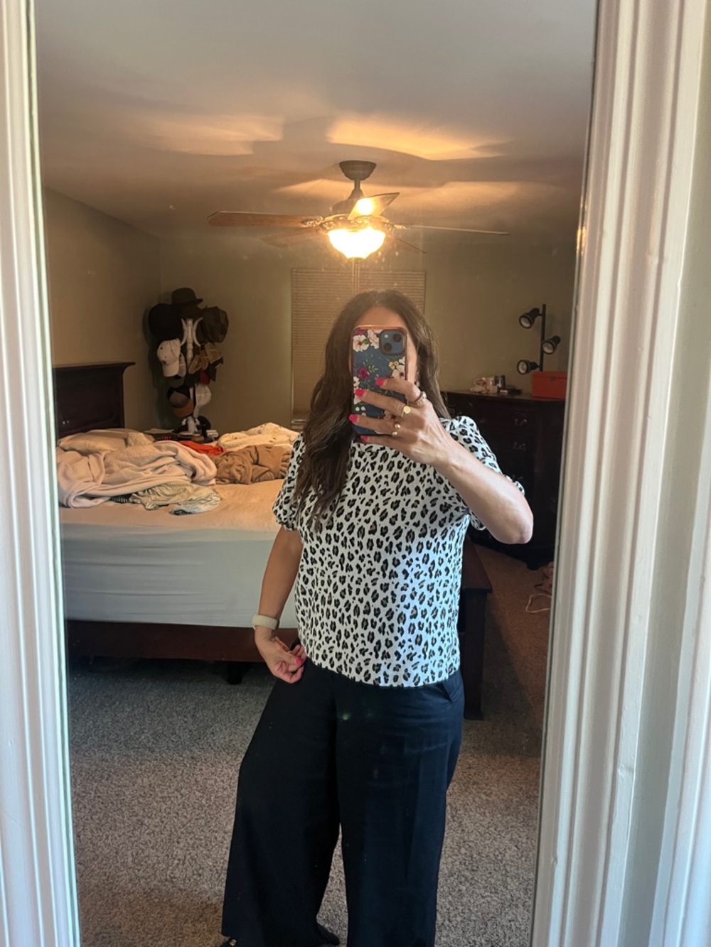 LOFT White and Black Leopard Print Short Sleeve Top